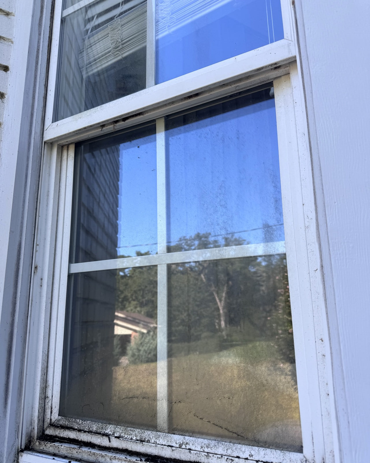 An exterior double-hung window with dirty glass and tracks before cleaning.